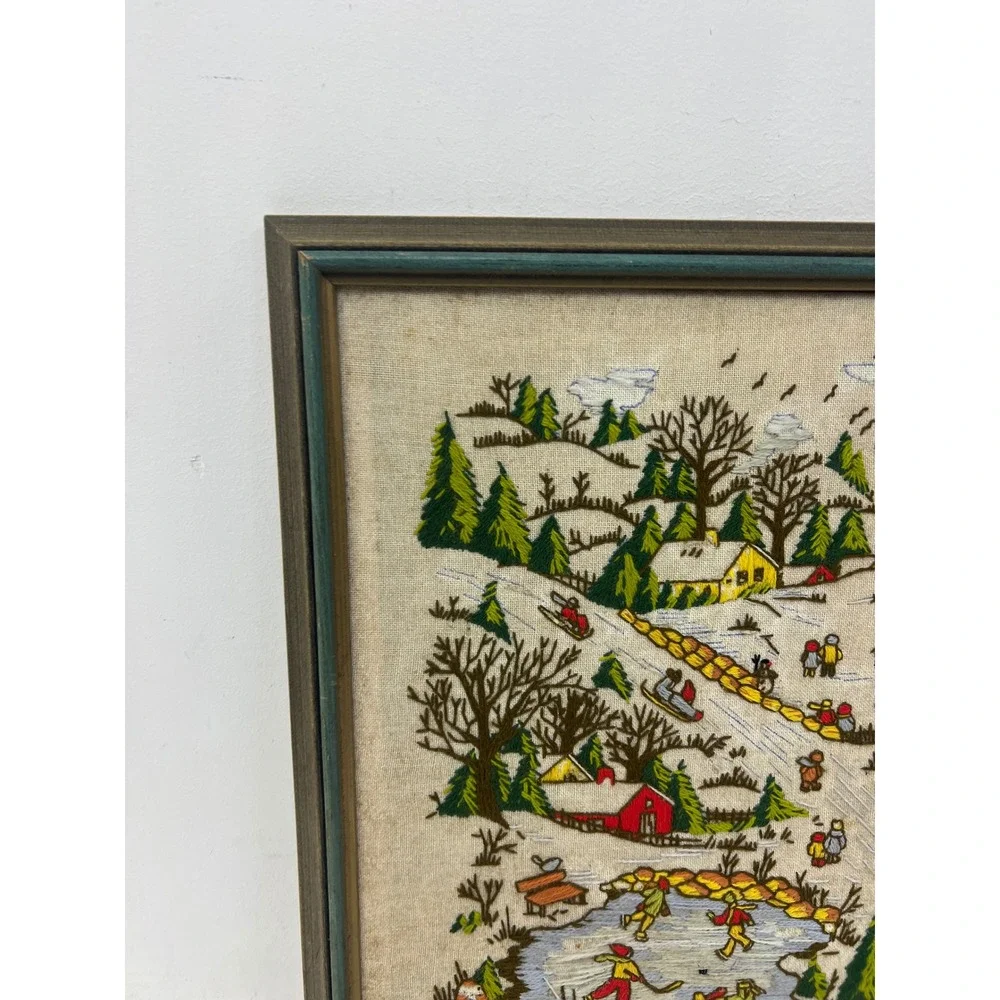 Vintage Framed Crewel Embroidery Winter Village Landscape Wood Frame Grannycore